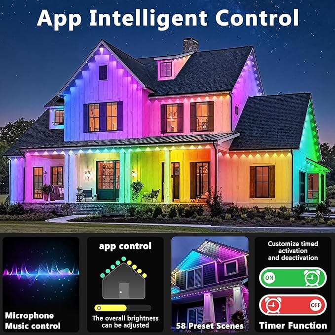 LETIANPAI 200FT Permanent Outdoor Lights,RGB Eaves Lights with App Control Remote,DIY Scene Modes IP67 Waterproof Outdoors Under Eave Lighting,Outdoor Light for Garden Decor