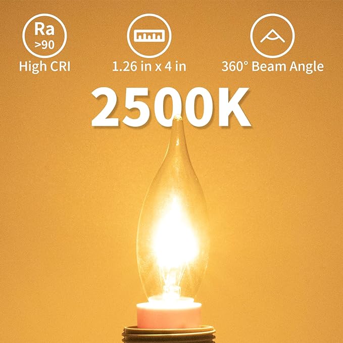 12-Pack E12 Candle Light Bulbs 25W Warm White 2500K, 240 Lumen Dimmable Chandelier Light Bulbs for Ceiling Fan, Pendants or Outdoor, CA10 Clear Candelabra Base Bulbs