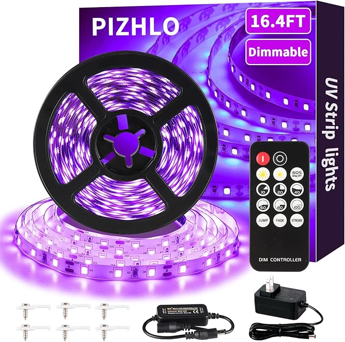 Upgraded 16.4ft/5M LED Black Light Strip Set with Remote, 300 LEDs, 12V Self-Adhesive Dimmable Black Light Fixture, for Dance Parties, SMD2835 LED Lamp Beads, Non-Waterproof