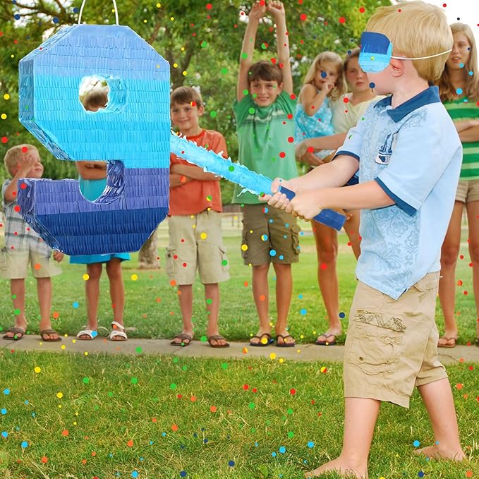 Sratte Number 1 2 3 4 5 6 7 8 9 Piñata with Stick Blindfold Confetti, Gradient Blue Piñata for Kids Boys Girls Birthday Party Anniversary Decorations Supplies(Number 9)