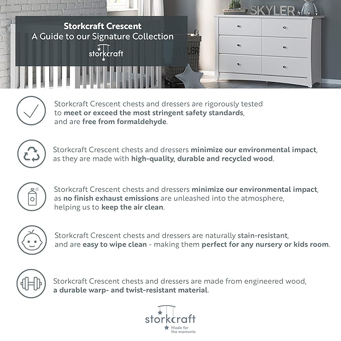 Storkcraft Crescent 6 Drawer Double Dresser (White) – GREENGUARD Gold Certified, Nursery Dresser for Kids Bedroom