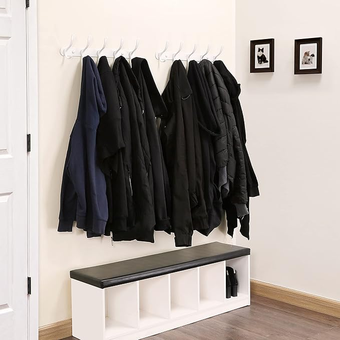 SKOLOO Coat Rack Wall Mount - Modern, Metal Wall Coat Rack with 5 Hooks, Sturdy Wall Hook Rack Rail for Hanging Coat, Jacket, Clothes, Hat, White