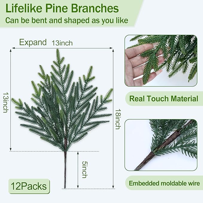 12 Pcs Realistic Christmas Pine Branches Artificial Lifelike Green Pine Stem - Real Touch for Vase DIY Crafts Flower Arrangement Home Indoor Christmas Decor(18 Inch)