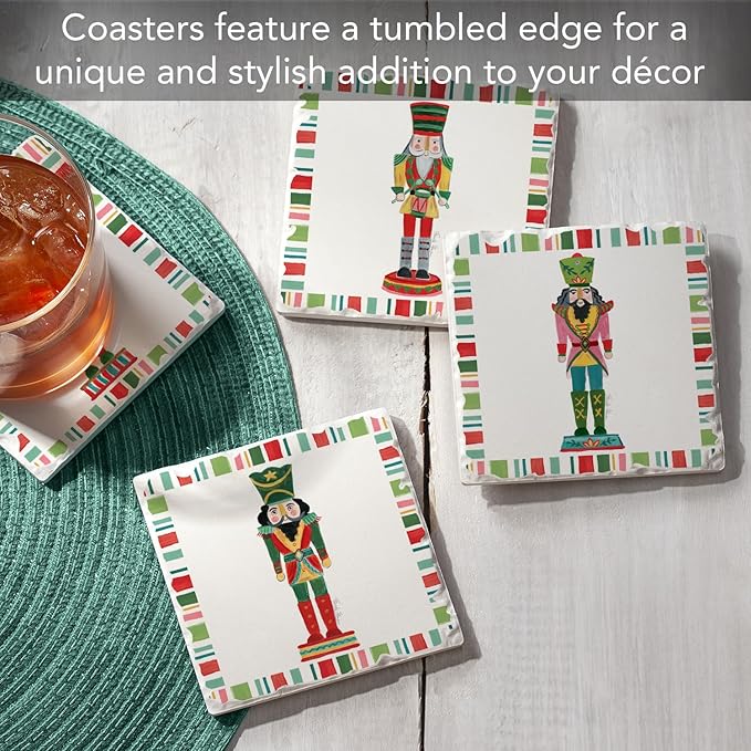 Thirstystone Holiday Nutcrackers 4 Pack Assorted Tumbled Tile Stone Coasters with Protective Cork Backing 4" Square Manufactured in The USA