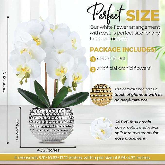 Large Orchids Artificial Flowers, 17'' White Faux Orchids with Gold Pot for Living Room Decor, White Faux Orchid Plant for Bathroom Kitchen Home Indoor Hotel Decor (Large Silver)