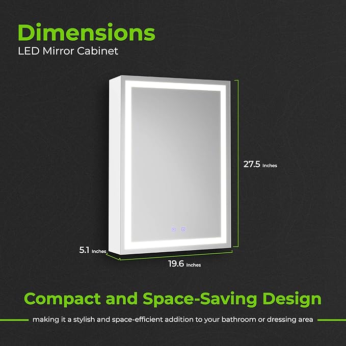 LED Lighted Medicine Cabinet Mirror 20" W x 28" H with 2 Adjustable Glass Shelves, Recessed or Surface Mount Bathroom Wall Cabinet with Touch Sensor, Defogger, Light Color Dimmer (3000-6500K)