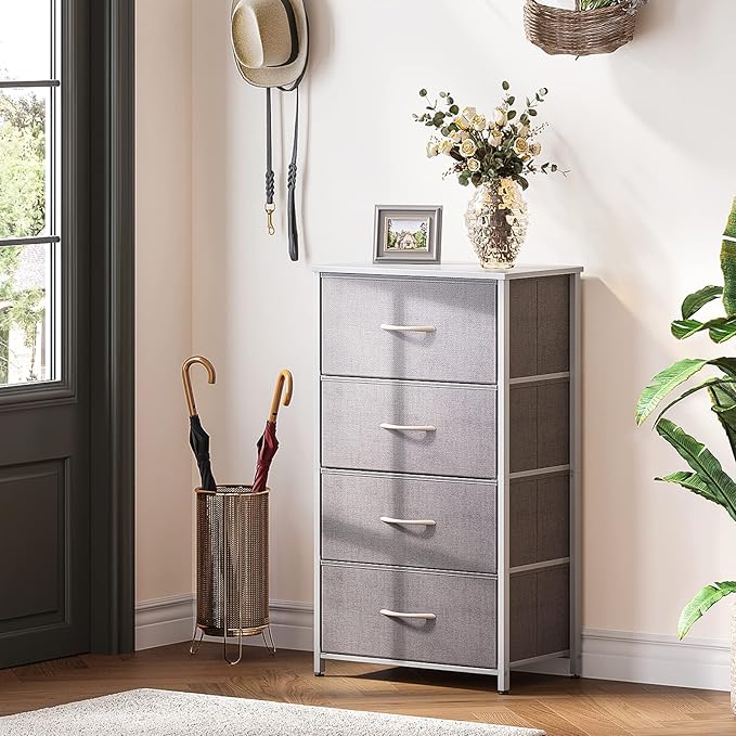 ODK Dresser for Bedroom with 4 Storage Drawers, Small Dresser Chest of Fabric Drawers with Sturdy Steel Frame, Wood Top, Light Grey