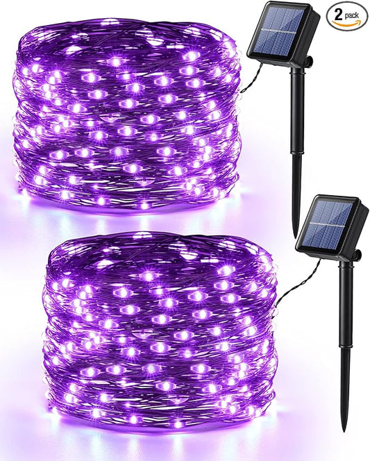 Brizled Halloween Fairy Lights, 2 Pack Total 78FT 240 LED Purple Fairy Lights, 8 Modes Solar Powered Purple Light, Twinkle Outdoor Halloween Light String for Outside Party Home Decor Black Wire
