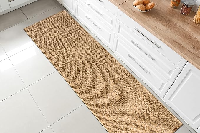 Custom Length Cut to Size Tribal Ethnic Southwestern Inspired Hallway Runner Rug, Non Slip Rubber Backed, 31 inch Wide X Customized Length, Inca Tan, 31 inch X 20 feet