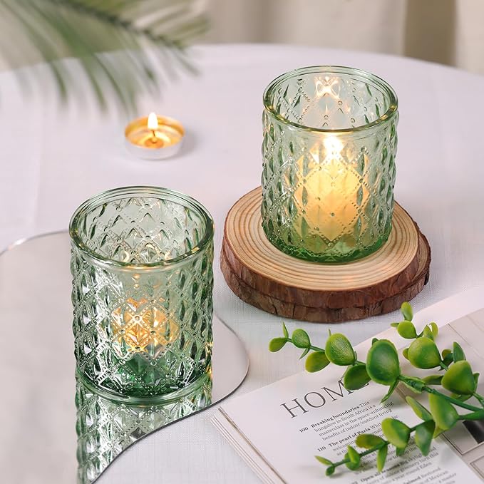 12Pcs Large Votive Candle Holders 2.8 * 3.2in Green Tea Light Candle Holders Glass Candle Holder for Bridal Shower, Wedding, Table Centerpiece, Party, Home Decor