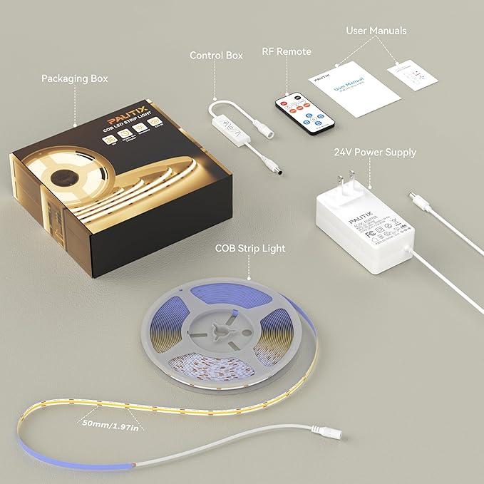 PAUTIX COB LED Strip Light 16.4ft,Engineering Level UL Listed Warm White 3000K,CRI93+ Super Bright High Lumen,Dimmable 24V Flexible LED Tape Light with RF Remote,for Cabinets,Home&Office DIY Lighting