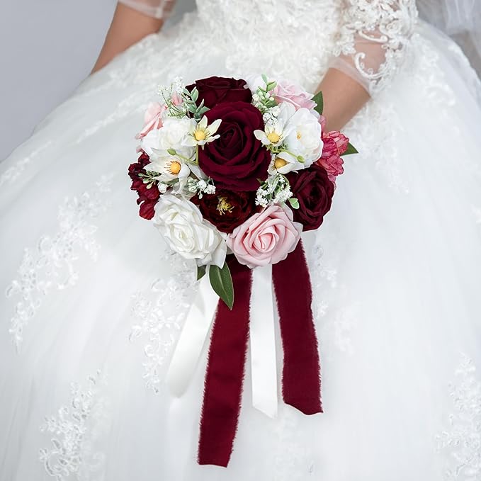 ponatia Burgundy Wedding Bouquets for Bride Bridesmaid, Blush Artificial Prom Flowers Bouquet for Weddings, Ceremony, Anniversary (Burgundy & Blush)