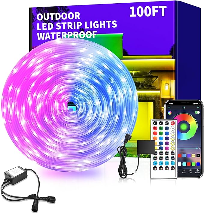 100ft Outdoor LED Strip Lights Waterproof,IP68 Outside Led Light Strips Waterproof with APP/Remote Control,Music Sync RGB Exterior Led Rope Lights for Bedroom roof Garden Staircase Parties