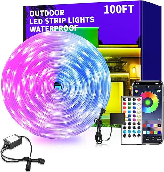100ft Outdoor LED Strip Lights Waterproof,IP68 Outside Led Light Strips Waterproof with APP/Remote Control,Music Sync RGB Exterior Led Rope Lights for Bedroom roof Garden Staircase Parties