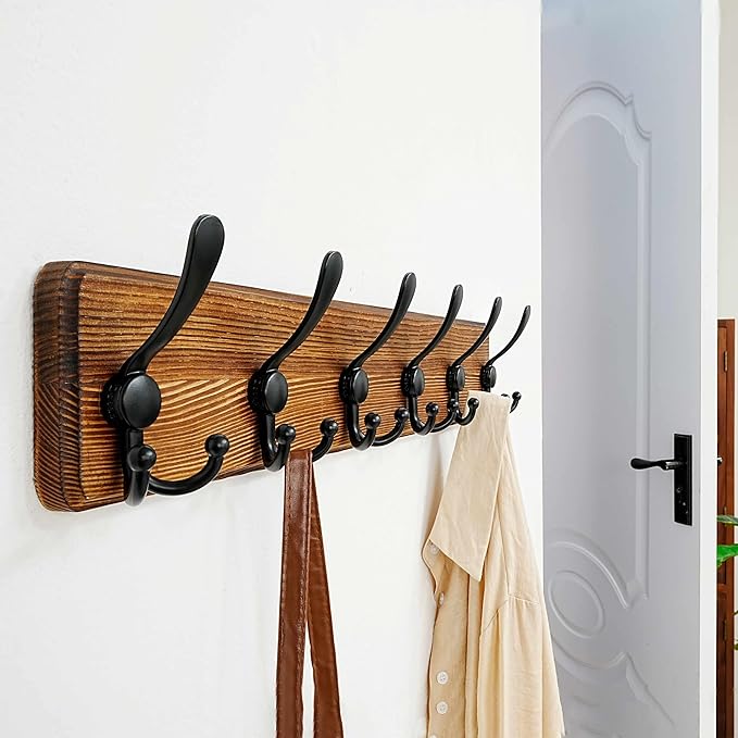 Dseap Coat Rack Wall Mounted - 24" Long 6 Tri Hooks, Heavy Duty Wooden Wall Coat Hanger Coat Hook for Clothes Hat Jacket Clothing, Natural and Black