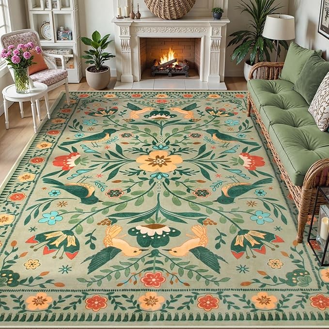 Moynesa Area Rugs 9x12 Living Room Washable, Ultra Thin Soft Boho Bird Bedroom Rug Easy Clean, Low Pile Indoor Multi Color Large Sage Green Carpet for Dining Room Kid Playroom Nursery