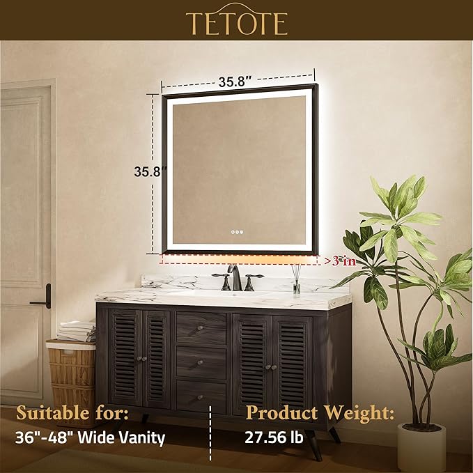 TETOTE 36x36 LED Bathroom Mirror with Lights Silver Metal Framed Brushed Nickel Front & Back Light Vanity Mirror Baroque Antifog Stepless Dimmable White/Warm/Natural,Wall Mounted(Horizontal/Vertical)