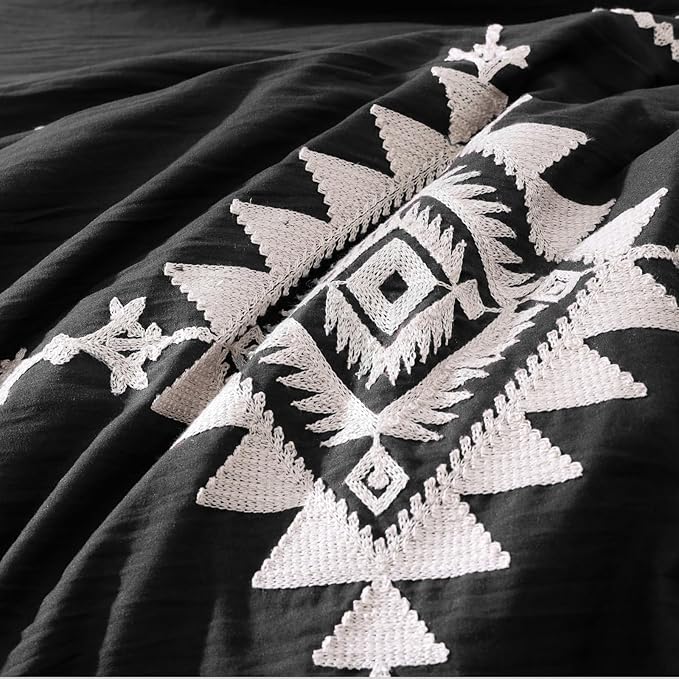 MaiRêve Embroidery Queen Size Comforter Set Black, Boho Farmhouse Western Bedding Set 7 Pieces, All Season Bed in A Bag Comforter Set with Sheets, Pillowcases & Shams