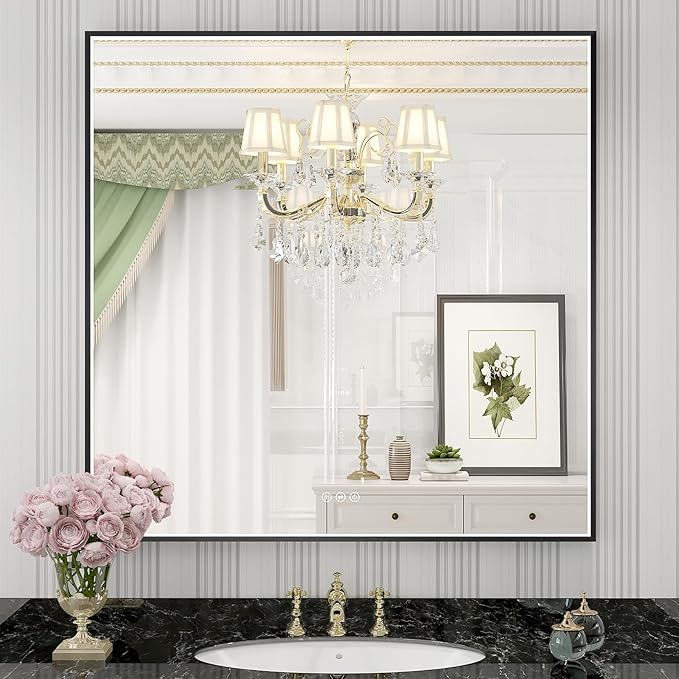 36x36 Inch LED Bathroom Mirror, Black Metal Framed Lighted Mirror for Bathroom, Wall Mouted LED Vanity Mirror with Lights, 3 Colors and Stepless Dimmable, Anti-Fog, Memory