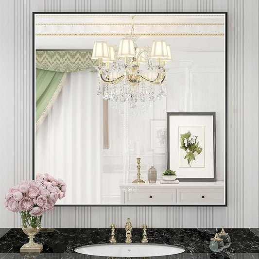 36x36 Inch LED Bathroom Mirror, Black Metal Framed Lighted Mirror for Bathroom, Wall Mouted LED Vanity Mirror with Lights, 3 Colors and Stepless Dimmable, Anti-Fog, Memory