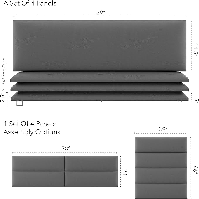 Vänt Upholstered Wall Panels - King/Cal King Size Wall Mounted Headboards - Vintage Leather Gray Pewter - Twin/King - Set of 4 Panels (Each Individual Panel 39"x11.5")