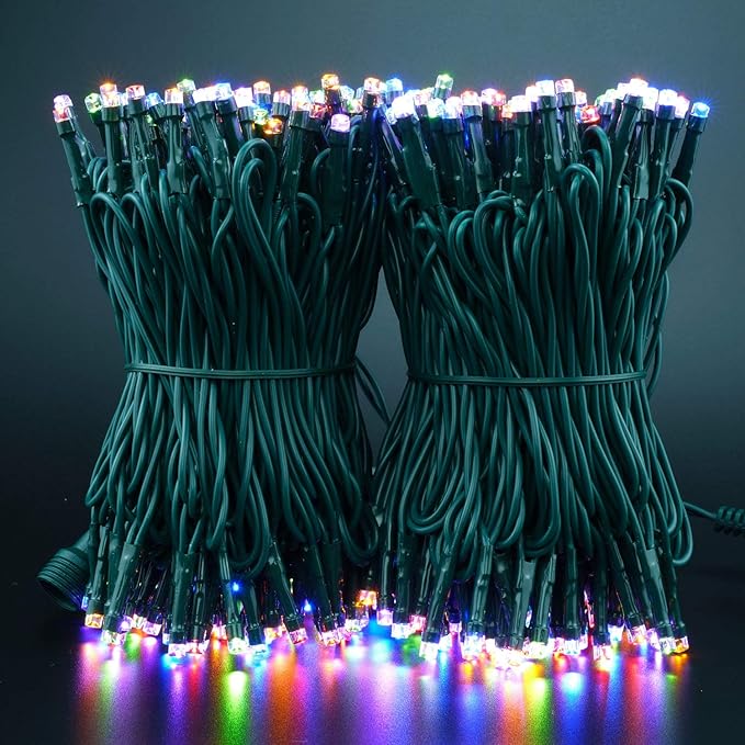 YULETIME 100 ft 300 Count Multicolor LED String Lights with 8 Models Adapter, Green Wire Wide Angle 5mm Christmas Lights (Multicolor - Green Wire)