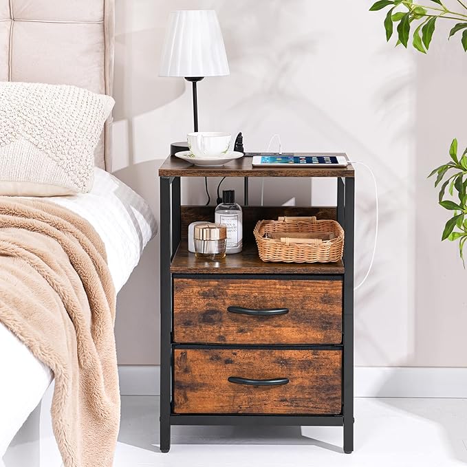 Yoobure Nightstand with Charging Station, LED Night Stand with Fabric Drawers and Storage Shelf for Bedroom, Nightstands Bedside Tables with USB Ports & Outlets, Small Night Stands, Bed Side Table