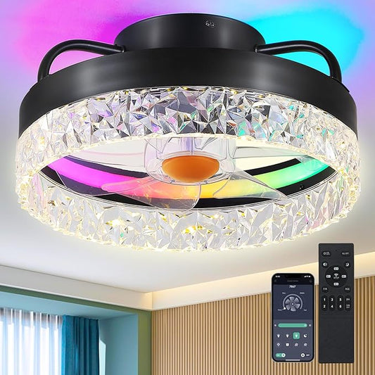 Flush Mount Ceiling Fan with Light - Small Low Profile Ceiling Fan,13" RGB Dimmable LED Bladeless Ceiling Fans, Modern Enclosed LED-RGB Ambient Light for Bedroom, Kids Room, Party