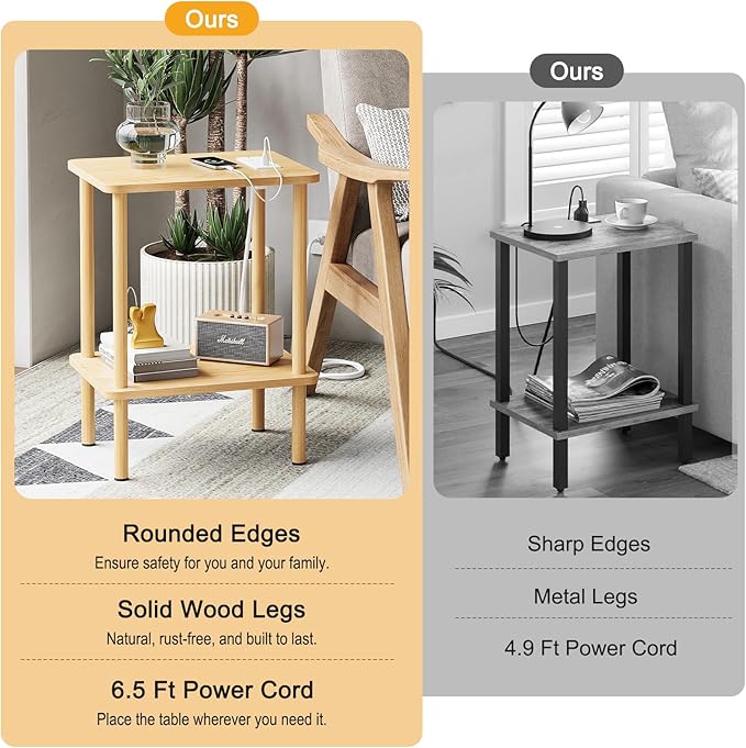 Apicizon 2 Tier End Table, Small Side Table with Charging Station, Boho Bedside Table with USB Ports and Outlets, Nightstand for Small Spaces, Bedroom, Living Room, Entryway, Easy Assembly, Natural