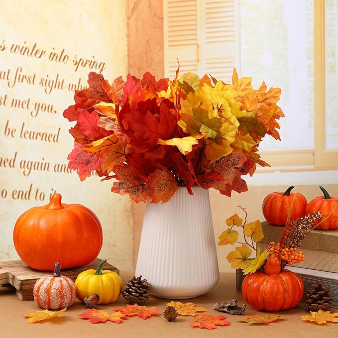 Tigeen 8 pcs Artificial Maple Leaves Branches Faux Thanksgiving Fall Fake Autumn Leaves for Thanksgiving Table Centerpieces Decoration