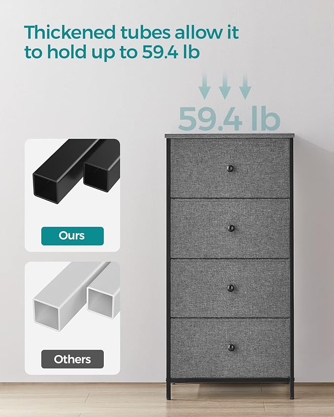 SONGMICS Dresser for Bedroom, Fabric Dresser with 4 Drawers, Metal Frame, Small Chest of Drawers, Gray and Black with Wood Grain ULTS314G22