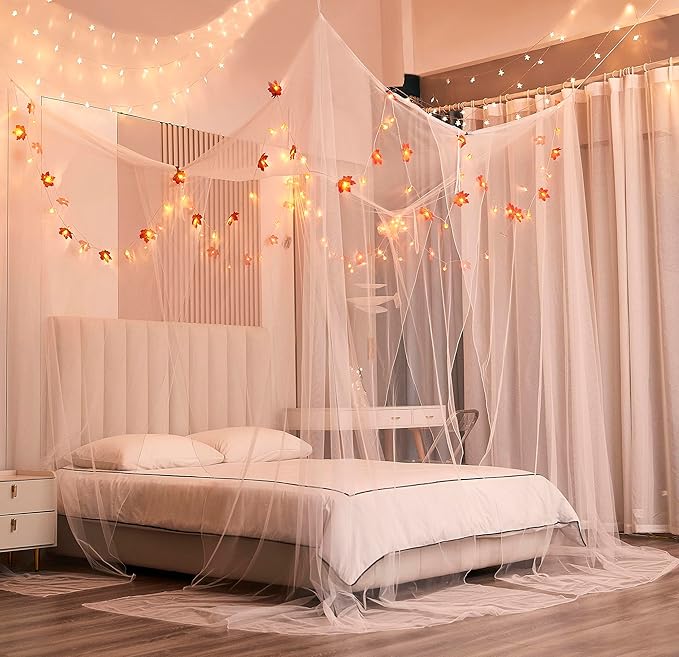 Mengersi Bed Canopy with Lights,Maple Leaf Pumpkin Canopy Bed Curtains Mosquito net,Halloween Theme Party Supplies Festival Decor,White