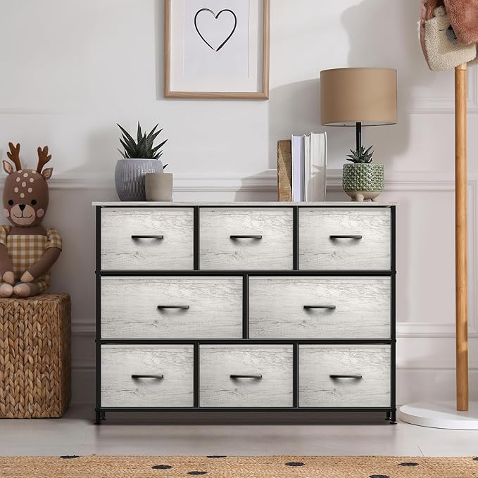 Sorbus Dresser with 8 Faux Wood Drawers - Chest Organizer Unit with Steel Frame Wood Top & Handle Easy Pull Fabric Bins for Clothes - Wide Storage Furniture for Bedroom Hallway, Living Room & Closet