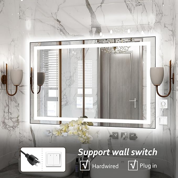 48"x 32" LED Bathroom Mirror with Black Frame, Bathroom Mirror with Lights Front and Backlit, Lighted Mirror Stepless Dimmable, Anti-Fog, Memory, LED Vanity Mirror with Lights 3 Colors