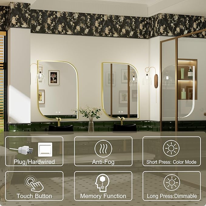 22x32 Inch LED Bathroom Mirror with Lights, Adjustable 3000K/4500K/6000K, Irregular Gold Frame Lighted Bathroom Vanity Mirror, Anti-Fog, Stepless Dimmable, Wall Mounted