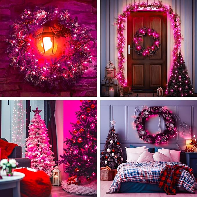 JMEXSUSS 4 Pack 50 LED Pink Fairy Lights Battery Operated, 16.1ft Christmas Fairy Lights Indoor Outdoor Waterproof, Pink String Lights for Bedroom Wedding Birthday Valentine Christmas Decorations