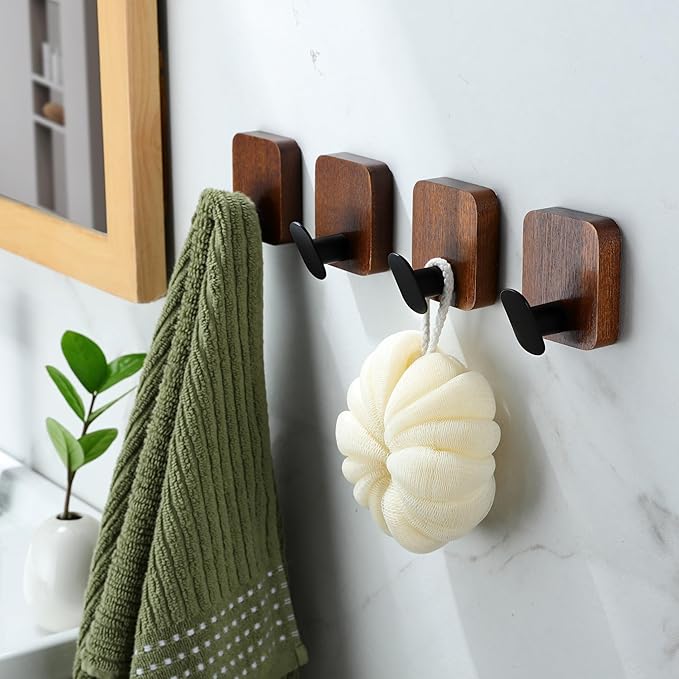 DELITON Wooden Wall Hooks, 4 Pack Acacia Adhesive Towel Hooks Sticky on Bathrooms, Kitchen, Entryway, Heavy Duty, Wall Decor