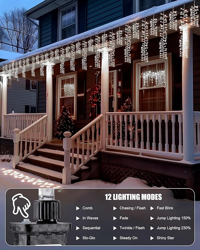 Brightown Cluster Icicle Lights for Outside, 20Ft 1125 LED Christmas Lights Outdoor with 30 Drops, Icicle Christmas Light with Timer Function for House Roofline, Pure White