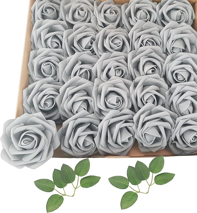 Grey Roses Artificial Flowers 25 PCS, Fake Rose Flower Heads Flowers with Stem for DIY Bouquets Wedding Decorations Centerpieces Arrangements Party Home Decor