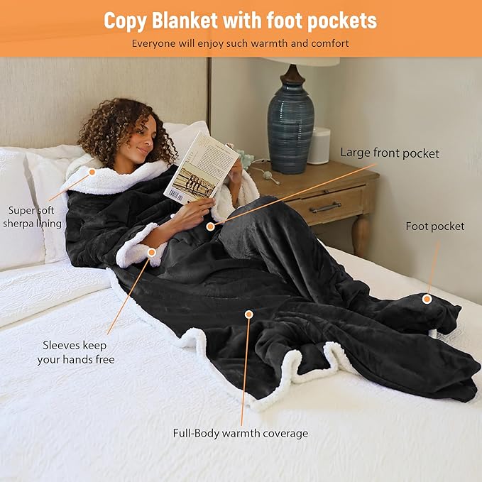 Catalonia Sherpa Wearable Blanket with Sleeves & Foot Pockets for Adult Women Men, Comfy Snuggly Wrap Sleeved Throw Blanket Robe, Gift Idea, Black