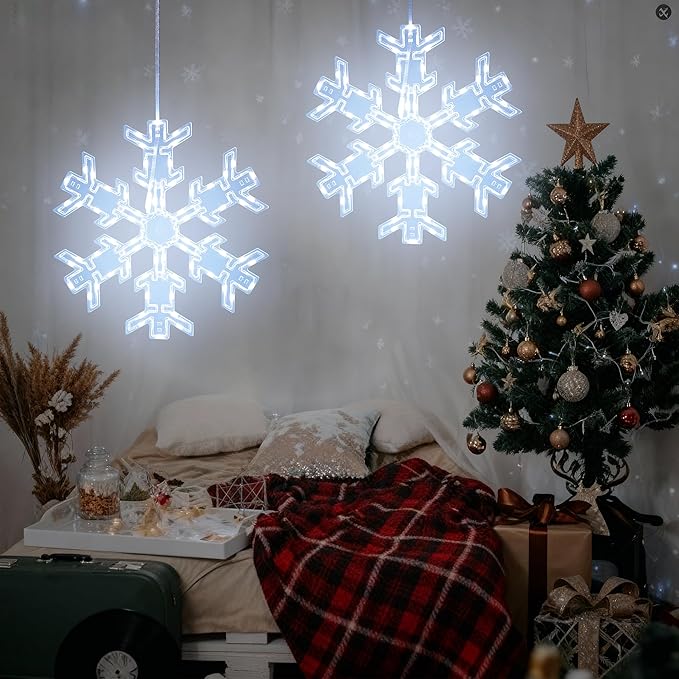 BrizLabs 2 Pack Christmas Window Lights with Remote, 61 Modes, Warm & Cool White & RGB Color Changing 12" Foldable Snowflake Hanging Christmas Lights for Xmas Indoor Outdoor Wall Door Fireplace Decor
