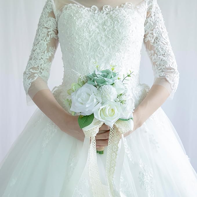 White Wedding Bouquets for Bride Bridesmaid, Artificial Sage Green Bride Flower Bouquet for Wedding Church Decoration Ceremony, Anniversary, etc, Roses Flowers