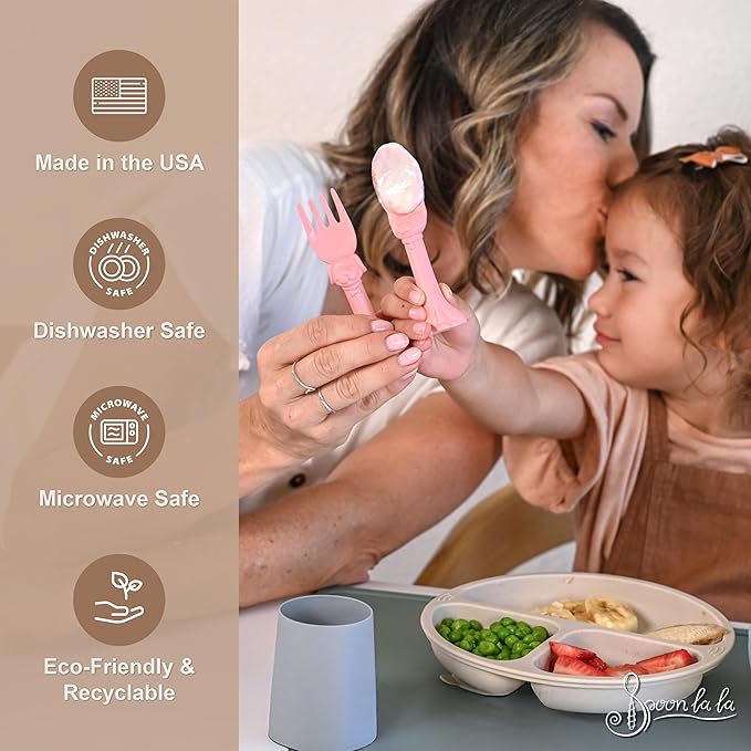 Made in USA Spoon la la Toddler Utensils Set - 6 Pack (3 Spoons & 3 Forks for Kids) - Self-Standing 3D Ergonomic Cat & Dog Handles - BPA-free, Dishwasher Safe, Baby Silverware (Pink, Yellow, Mint)