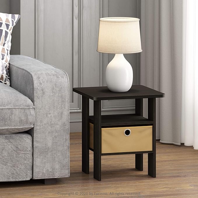 Furinno ANDREY Side Table, End Table, Night Stand with Open Shelves and Storage Bin, Bedside Table, for Living Room, Bedroom, Espresso