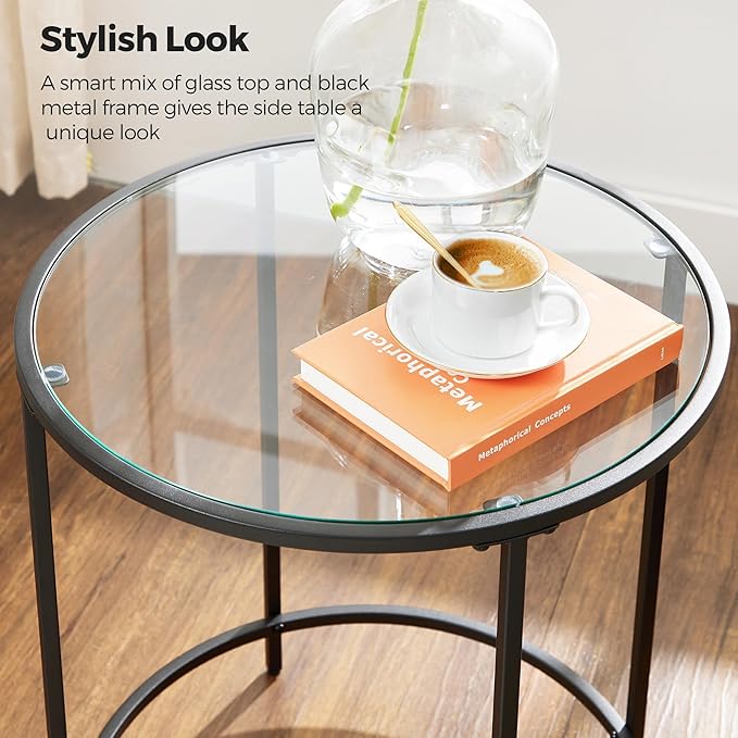 VASAGLE Round Side Tables, Set of 2, Glass End Tables with Metal Frame, Black Coffee Tables with Modern Style, for Living Room, Balcony, Bedroom, Black