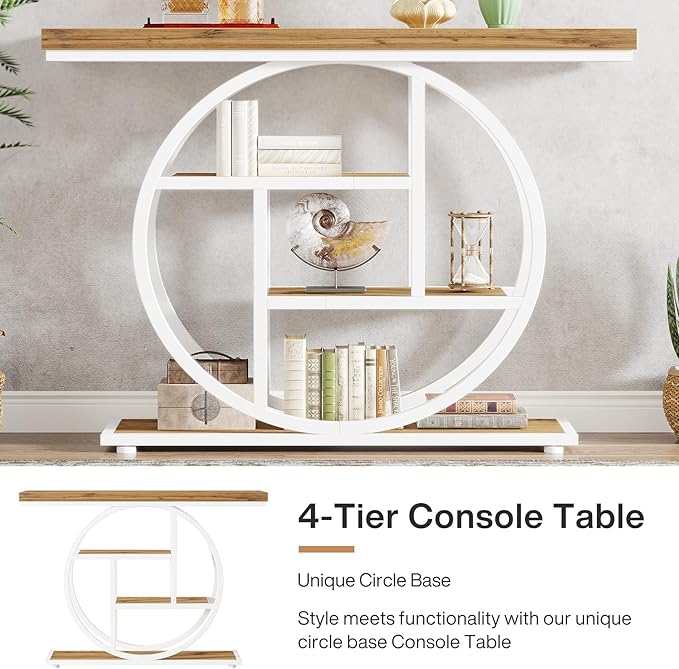 Tribesigns 41.3" Console Table, Industrial 4-Tier Sofa Table Entryway Table with Circle Base, Narrow Wood Accent Tables with Storage Shelves for Living Room, Hallway, Foyer, Brown White