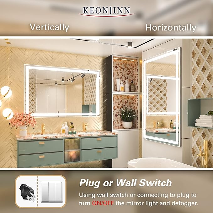 Keonjinn 55 x 36 Inch Bathroom LED Mirror, Oversized Lighted Bathroom Mirror, UL Listed LED Driver, HD Tempered Glass, Easy Installation, Anti-Fog, Memory Dimmable 6000K, CRI 90+(Horizontal/Vertical)