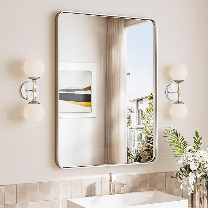 TokeShimi 24x32 Brushed Nickel Bathroom Mirror,Vanity Mirror for Bathroom with Tempered Glass,Rectangle Bathroom Wall Mirror with Aluminum Frame(Horizontal/Vertical)