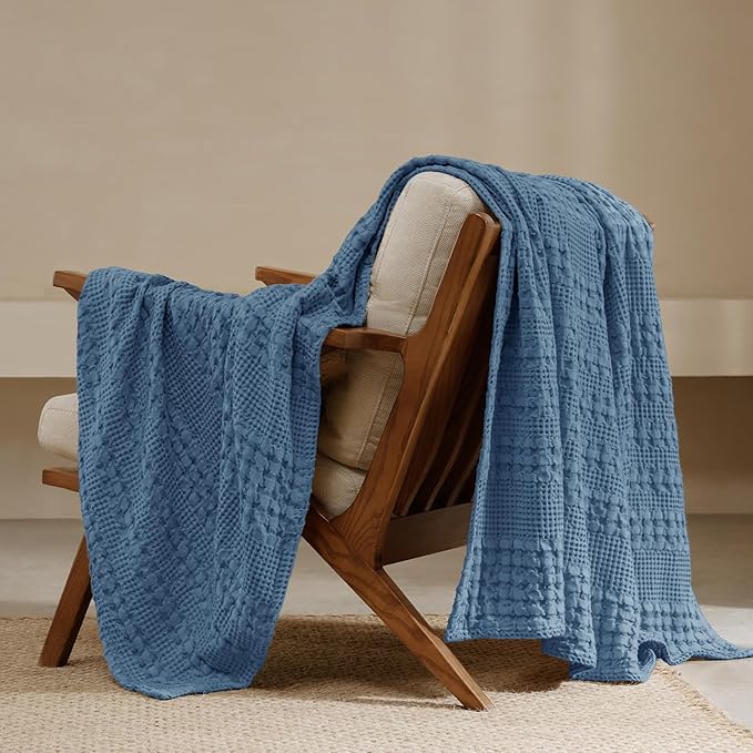 PHF 100% Cotton Waffle Weave Throw Blanket, Soft Lightweight Breathable Cozy Throws for Couch Bed Sofa, Luxury Aesthetic Woven Blanket for Home Decor & Office, 50"x60", Denim Blue