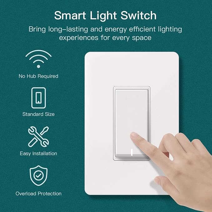 TREATLIFE Smart Light Switch Single Pole Works with Alexa, Google Home and SmartThings, 2.4GHz WiFi Timer Smart Switch, Neutral Wire Required, No Hub Required, FCC Listed, 4 Pack